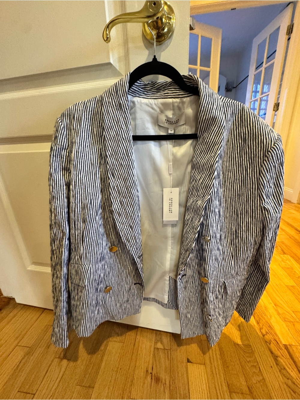 10 Crosby Derek Lam Navy and White Striped Double-Breasted Blazer